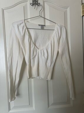 ASOS White Scoop-Neck Ribbed Long-Sleeve Top
